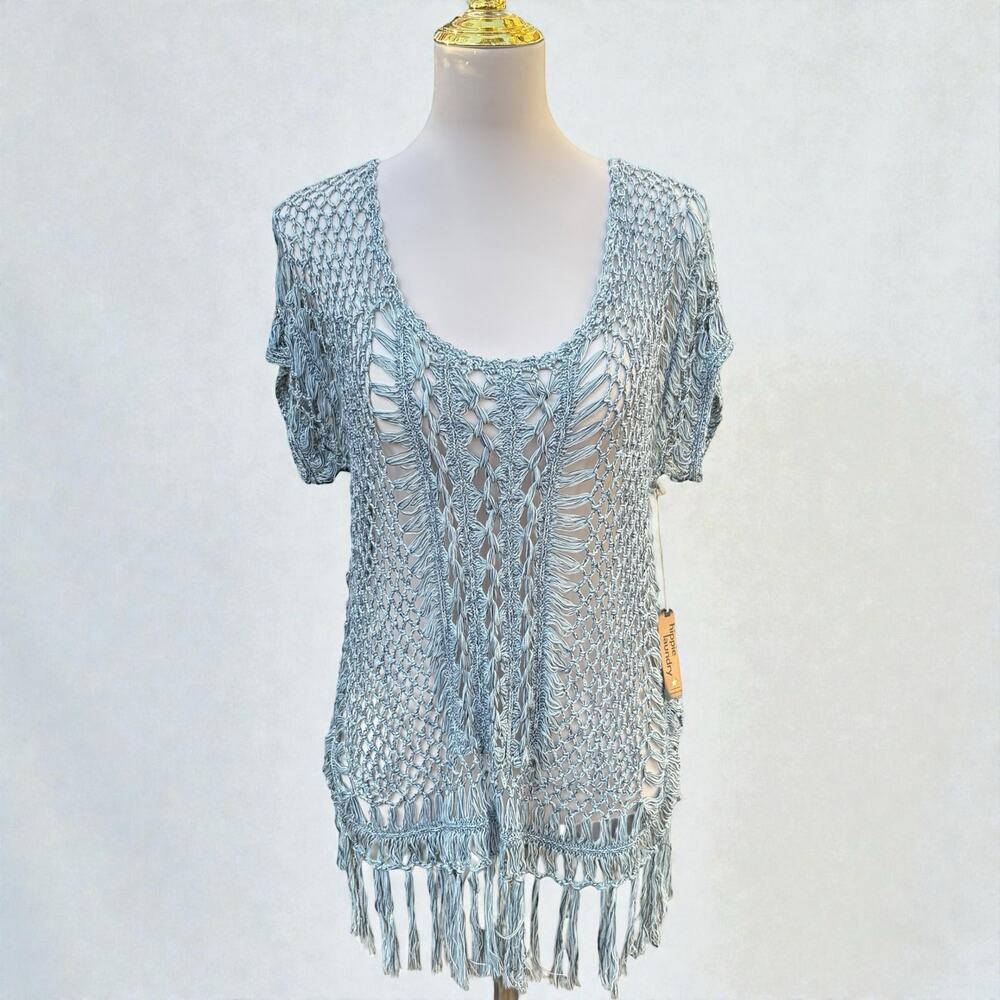 Hippie Laundry Knit Pulliver Sweater Med Blue Open Weave Fringe Boho Coastal NWT